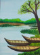 Boats On A River Bank (ART-16089-110371) - Handpainted Art Painting - 8in X 9in
