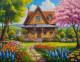 Heaven's Nature Scenery Landscape Painting Beautiful House Surrounded With Flowrrs And Trees (ART-3319-110684) - Handpainted Art Painting - 36in X 30in