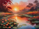 Stunning Riverbank Scene At Sunrise, Wildflowers And Lotuses Glowing In Fiery Colors (PRT-16861-111032) - Canvas Art Print - 36in X 27in