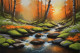 Peaceful Stream In A Dense Forest With Wildflowers Glowing In Warm Orange Light (PRT-16861-111027) - Canvas Art Print - 36in X 24in