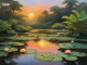A Masterpiece Of Tranquility: Lotus Pond In Lush Greenery At Sunset (PRT-16861-111083) - Canvas Art Print - 36in X 27in