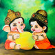 Cute Ganesha And Ramallah Eating A Mango (PRT-15908-111865) - Canvas Art Print - 18in X 18in