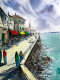 Seaside Morning Walk (ART-8987-111959) - Handpainted Art Painting - 21in X 28in