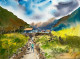 Village Path With Green Land (ART-8987-111940) - Handpainted Art Painting - 20in X 14in