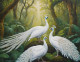 White Peacocks In Tropical Forest- Peacocks Painting (ART-3319-112271) - Handpainted Art Painting - 40in X 30in