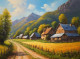Nature's Heaven Mountains Village View Landscape Painting (ART-3319-112280) - Handpainted Art Painting - 48in X 24in