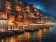 Varanasi Ghat Painting Night View (ART-3319-112386) - Handpainted Art Painting - 48in X 30in