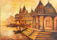 Golden Reverence: Temple By The Sunset River (ART-8171-112591) - Handpainted Art Painting - 11in X 8in