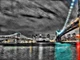landscape painting, black, blue shade painting, the bridge, texture painting, bridge at night, city at night