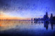 landscape painting, blue, dark shade painting, seaside city, texture painting, sunset, city at night