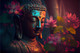 Buddha In Mystic And Peaceful Floral Setting (PRT_15884) - Canvas Art Print - 28in X 19in