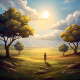 Sunlight Meadow Woman Art | Landscape Painting | Nature Walk Illustration | Uplifting Visual Story (PRT-16843-114358) - Canvas Art Print - 36in X 36in