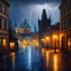 Historic City Lightning Storm Art | Night Street Painting | Urban Landscape Wall Decor | Rainy Scene (PRT-16843-114432) - Canvas Art Print - 36in X 36in