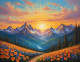 Clamness Of Nature Sunrise Mountains Flowers Landscape Painting (ART-3319-114829) - Handpainted Art Painting - 48in X 30in