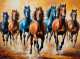 7 RUNNING HORSES AS PER VASTU (ART-3319-114947) - Handpainted Art Painting - 48in X 30in