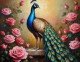 Beautiful Peacock With Rose Flowers (ART-3319-115472) - Handpainted Art Painting - 36in X 30in
