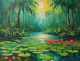 Dense Forest With Lotus In Pond (ART-3319-115598) - Handpainted Art Painting - 36in X 30in