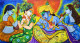 Krishna's Musical Gathering (ART-82-116001) - Handpainted Art Painting - 36in X 60in