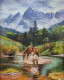 Cowboy And Horse By River In Mountain Landscape (ART-17757-116401) - Handpainted Art Painting - 24in X 36in