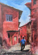 Red Building (ART-7901-116869) - Handpainted Art Painting - 8in X 12in