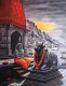 Nandi's Silent Vigil: The Esoteric Peace Of Varanasi (ART-7456-117534) - Handpainted Art Painting - 36in X 48in