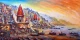 Aura Of Nandi: Golden Varanasi Ghats Of Fortune (ART-7456-117972) - Handpainted Art Painting - 72in X 36in