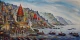 Aura Of Nandi: Golden Varanasi Ghats Of Fortune (ART-7456-117972) - Handpainted Art Painting - 72in X 36in