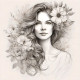 Elegant Floral Woman Pencil Sketch Wall Art | Black & White Botanical Portrait Illustration (PRT-16843-118849) - Canvas Art Print - 42in X 42in