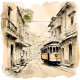 Vintage Tram Street Watercolor Wall Art | Old City Architecture Illustration Painting (PRT-16843-118852) - Canvas Art Print - 42in X 42in