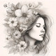 Serene Floral Woman Pencil Sketch Wall Art | Black & White Botanical Female Portrait (PRT-16843-118851) - Canvas Art Print - 42in X 42in