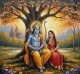 ​"Lord Ram And Sita Devotional Painting - Divine Couple In Forest Exile - Spiritual Wall Art (ART-3319-119483) - Handpainted Art Painting - 36in X 36in