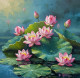Pink Lotus Blossoms On A Pond (ART-3319-119573) - Handpainted Art Painting - 24in X 24in