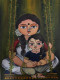 Mother And Daughter Painting On Canvas (ART-7396-119831) - Handpainted Art Painting - 13in X 18in
