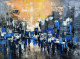 Abstract Blue Cityscape Painting | Original Handmade Modern Skyline Art (ART-16885-119782) - Handpainted Art Painting - 48in X 36in