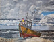 Boat Painting, Stormy Ocean Waves, Beach Painting (ART-6189-120053) - Handpainted Art Painting - 20in X 16in