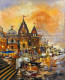 Banaras Ghat Painting | Original Handmade Varanasi Spiritual Cityscape Art (ART-16885-120067) - Handpainted Art Painting - 48in X 60in