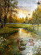 Ducks In The River And Sunset (ART-8657-120191) - Handpainted Art Painting - 15in X 22in
