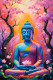Blue Meditating Buddha With Cherry Blossoms In Vibrant Pink And Orange Tones (PRT-16330-120249) - Canvas Art Print - 24in X 36in