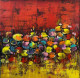 Abstract Lotus Painting On Red Background | Original Handmade Floral Wall Art (ART-16885-121474) - Handpainted Art Painting - 36in X 36in