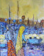 Coastal Region With Fisherwomen Acrylic Painting (ART-18519-122337) - Handpainted Art Painting - 12in X 16in