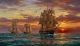 Ocean Seascape Wall Art - Tall Sailing Ships, Sunset Waves, And Seagulls Painting (ART-3319-122589) - Handpainted Art Painting - 48in X 30in