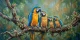 Macaw Parrot Family Acrylic Painting, Blue And Gold Tropical Bird Wall Art (ART-3319-122739) - Handpainted Art Painting - 48in X 24in
