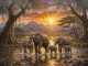 Elephant Family At Sunset Acrylic Painting | Textured Wildlife Landscape Art (ART-3319-122795) - Handpainted Art Painting - 40in X 30in