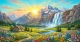 Alpine Morning Serenity- Moutains Waterfall Landscape Painting (ART-3319-122703) - Handpainted Art Painting - 48in X 24in