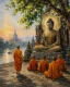 The First Sermon – Lord Buddha Teaching Monks Under Bodhi Tree Acrylic Painting (ART-3319-123812) - Handpainted Art Painting - 36in X 48in