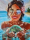 Before The First Swim - Girl With A Green Sea Turtle (ART-18772-123903) - Handpainted Art Painting - 18in X 24in