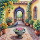 Enchanted Courtyard With Peacock And Lotus Fountain – Watercolour Garden Art (PRT-8429-128290) - Canvas Art Print - 18in X 18in
