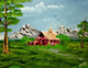 Green, Nature, landscape, red house, mountains, forest, trees,Forest Red Barn,ART_1648_14581,Artist : HRIDAY DAS,Oil