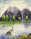 Elephant playing in water surrounded by mountains and water fall,Elephant playing in water,ART_2030_21396,Artist : Shunmuga Priyaa M,Water Colors