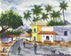 Scene from a busy state highway in south India with coconut trees and houses at backdrop,State highway in South India ,ART_2030_21393,Artist : Shunmuga Priyaa M,Water Colors